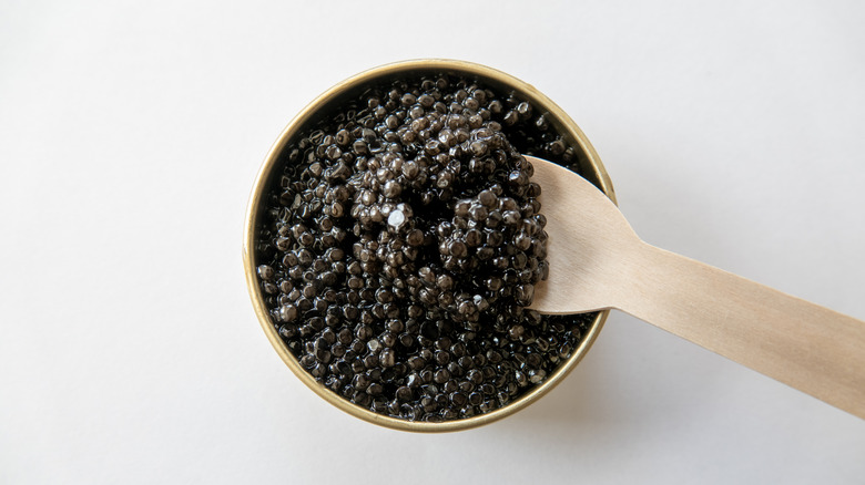 black caviar with wooden spoon