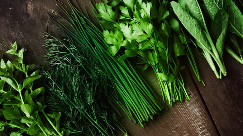 various trimmed herbs wood background