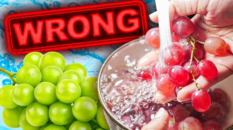 Hands washing red grapes over a metal bowl next to a cluster of green grapes the word 'wrong' over it.