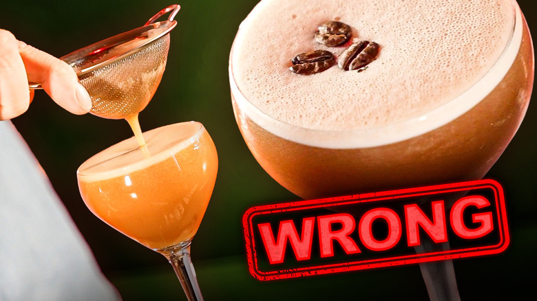 A hand strains liquid into a glass on the left, an espresso martini on the right