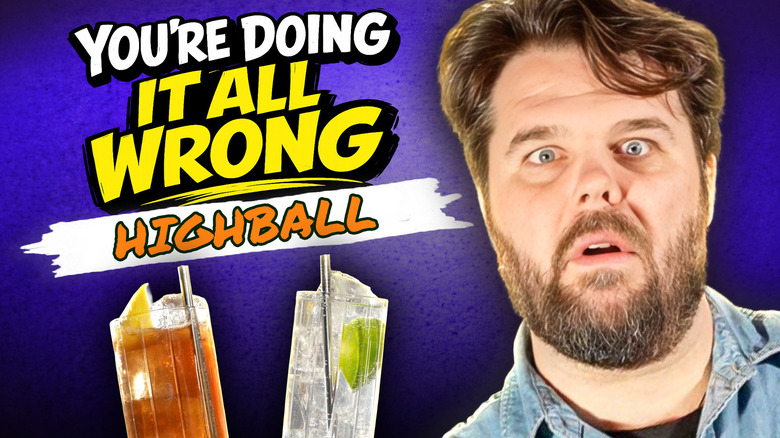 Man next to two highball cocktails on a purple background with the video title "You're Doing It All Wrong: Highball".