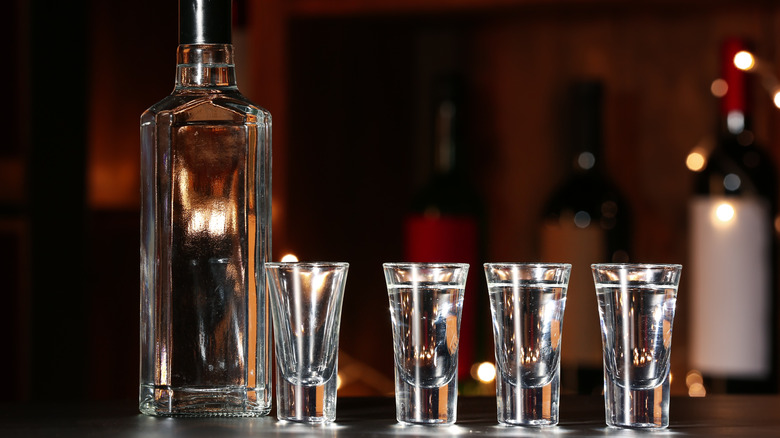 A vodka bottle and row of shots