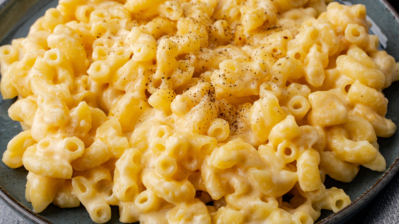 Mac and cheese in a plate on gray stone background