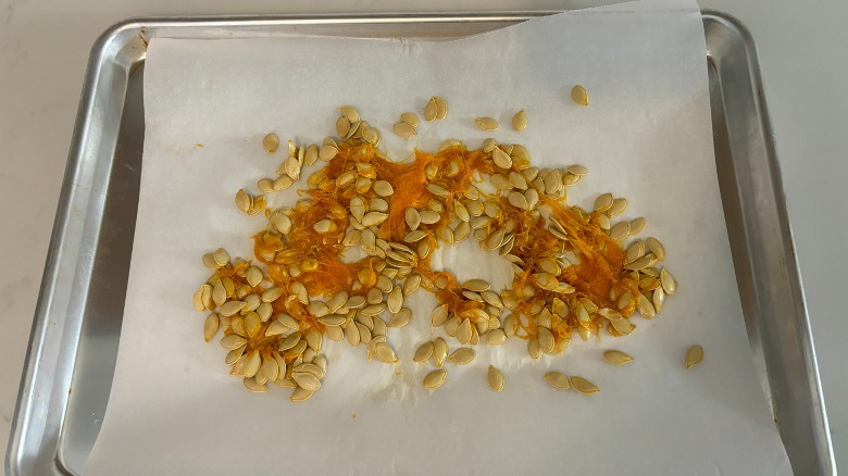 pumpkin seeds and pulp on tray