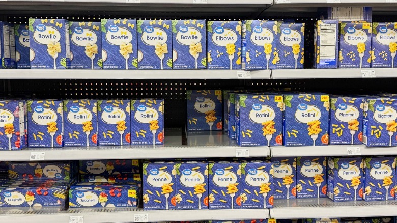 Boxes of pasta on the shelves