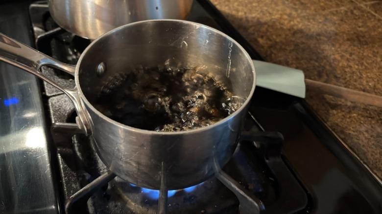 brown sugar simple syrup boiling on stove