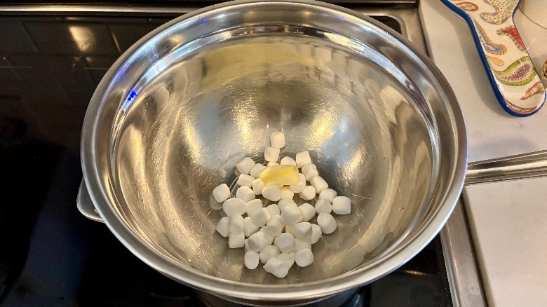 Marshmallows and butter in a pan