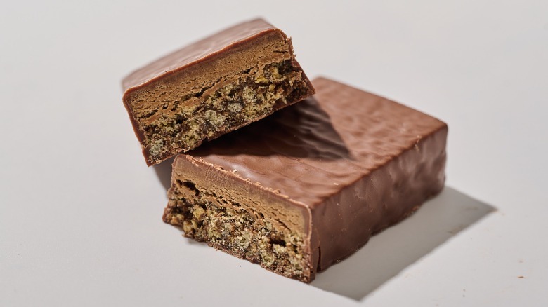 protein bar split in half on a table
