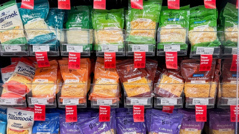 Shredded cheeses in the grocery store